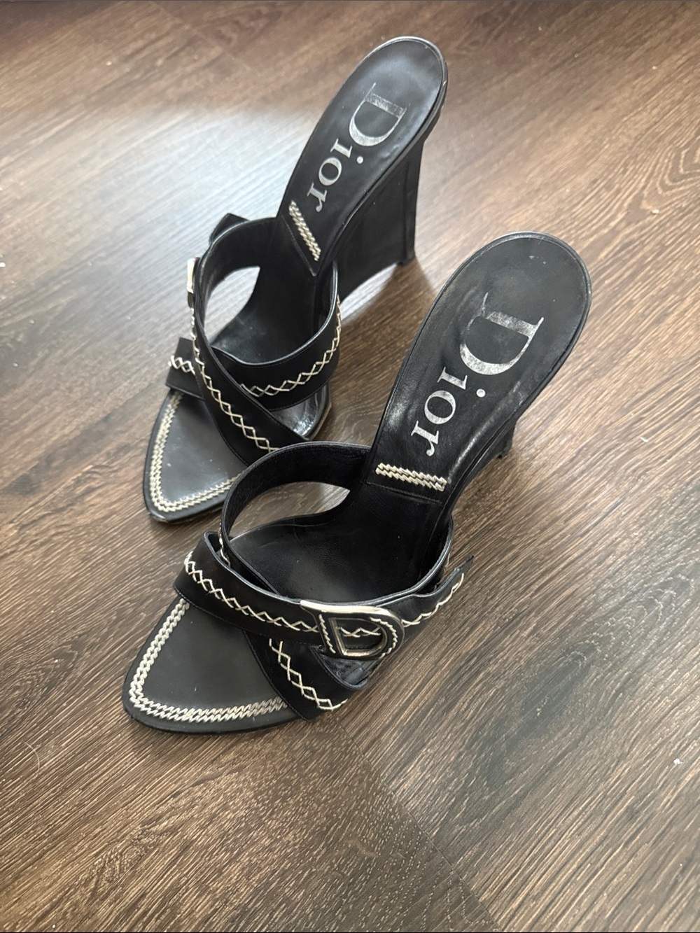 Dior Black Leather Slip-On Mules with White Contrast Stitching - Picture 2 of 5